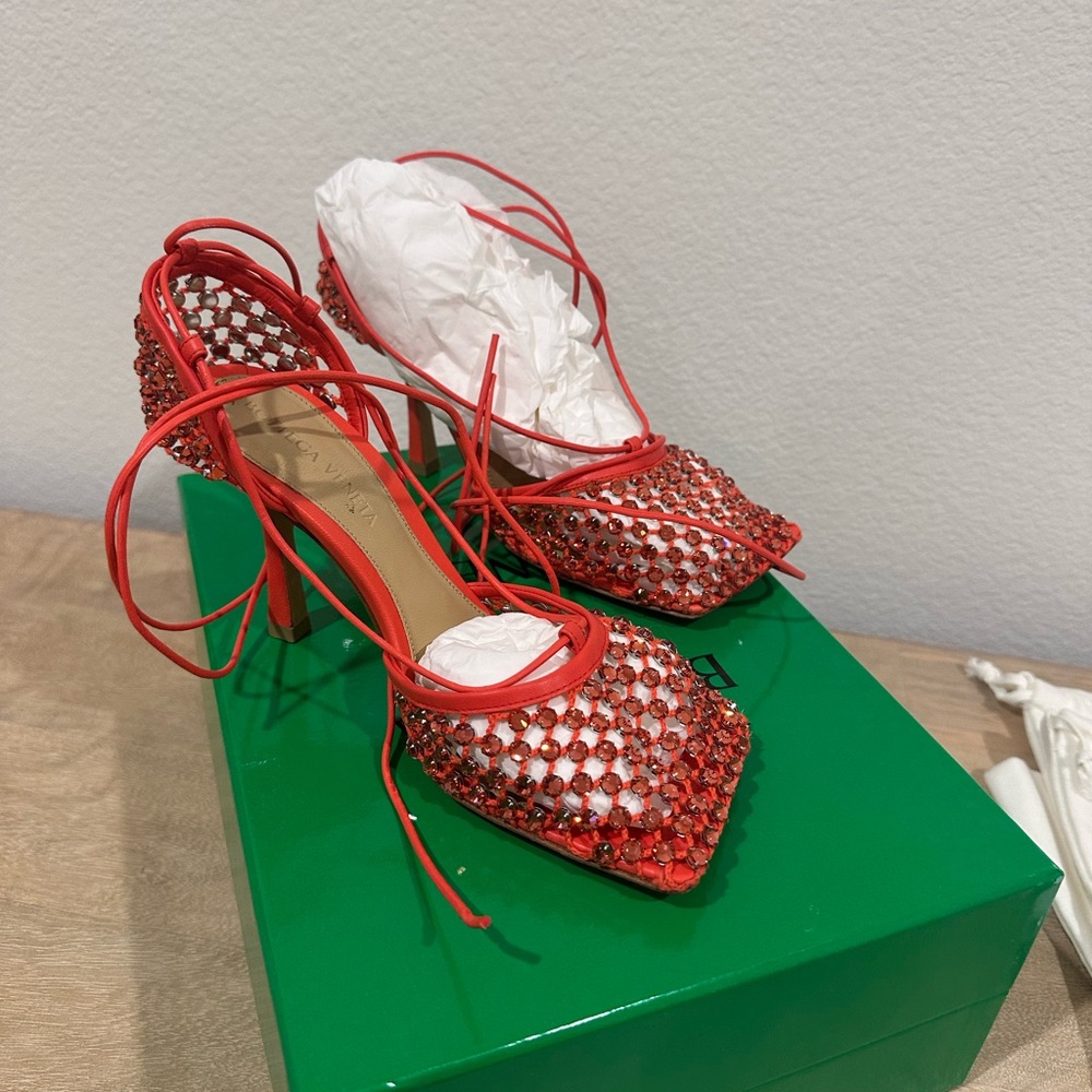 Bottega Veneta Red Heels with Intricate Woven Design